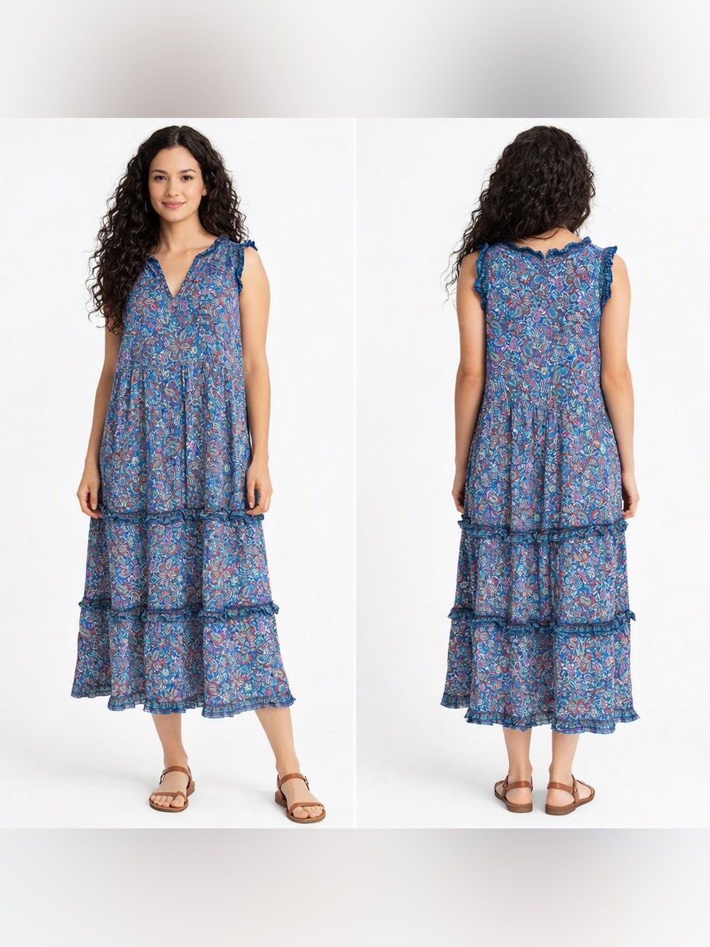 J.Jill Coastal Ruffles Sleeveless Midi Dress Blue Paisley Size XS
